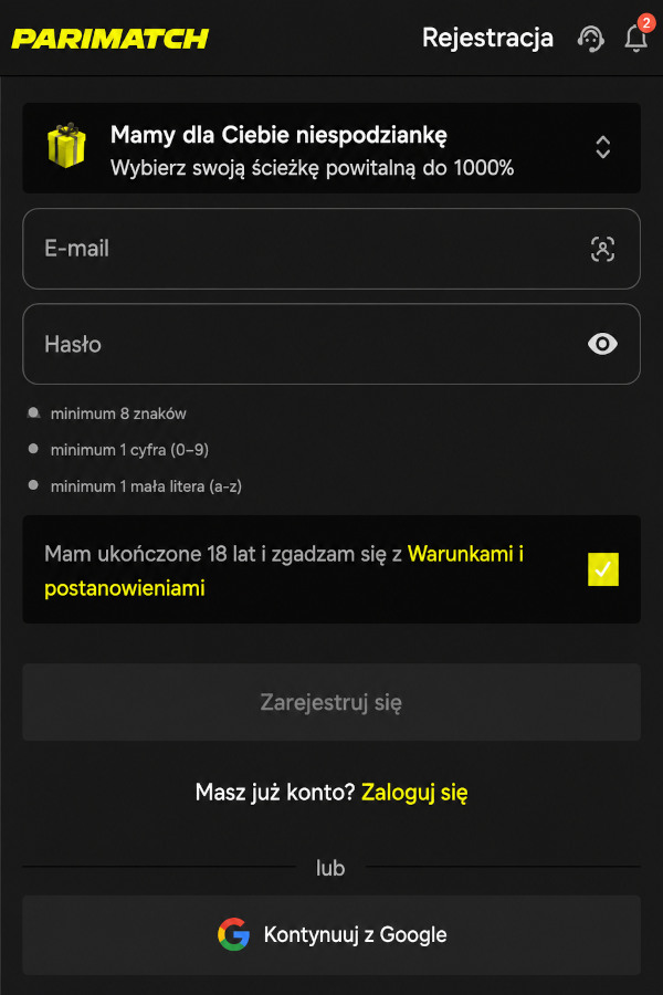 Forma rejestracji Parimatch w mobilnom interfejsie Forma rejestracji Parimatch w mobilnom interfejsie