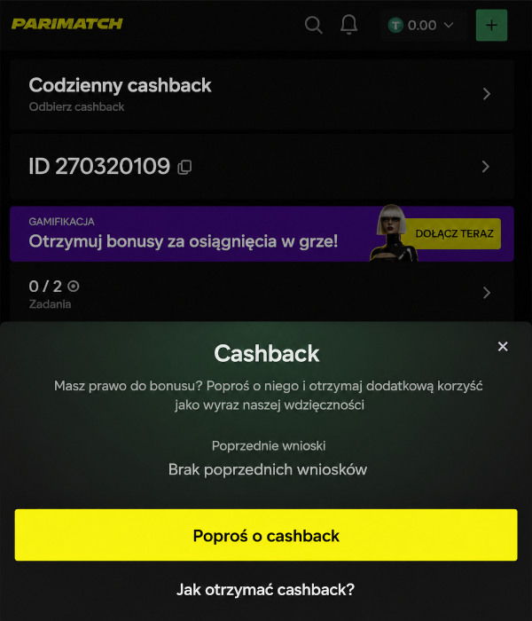 krypto cashback Parimatch btc eth usdt warunki