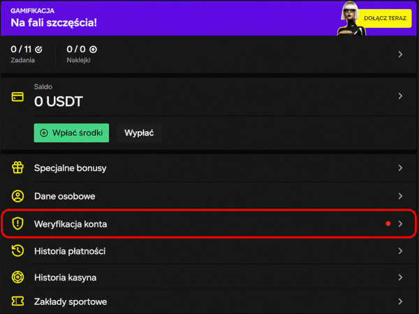 Trebowanie weryfikacji w panelu użytkownika Parimatch Trebowanie weryfikacji w panelu użytkownika Parimatch