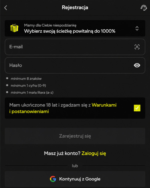 Parimatch Registration Menu