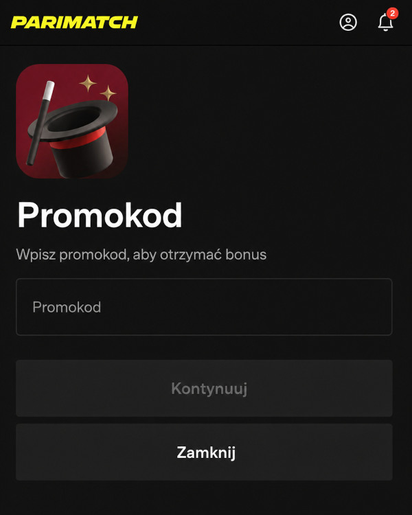Okno wwotak kod promocyjnya Parimatch przed potwierdzeniem promocji