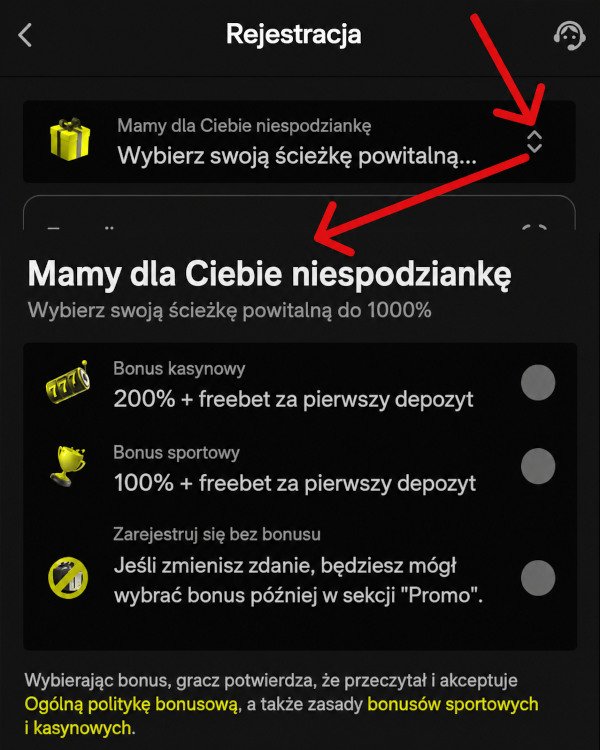 Wybor bonusu powitalnego na etape rejestracji